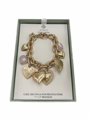 NIB Atterri Gold CZ Heart Charm Bracelet with Rose Quartz Stones
